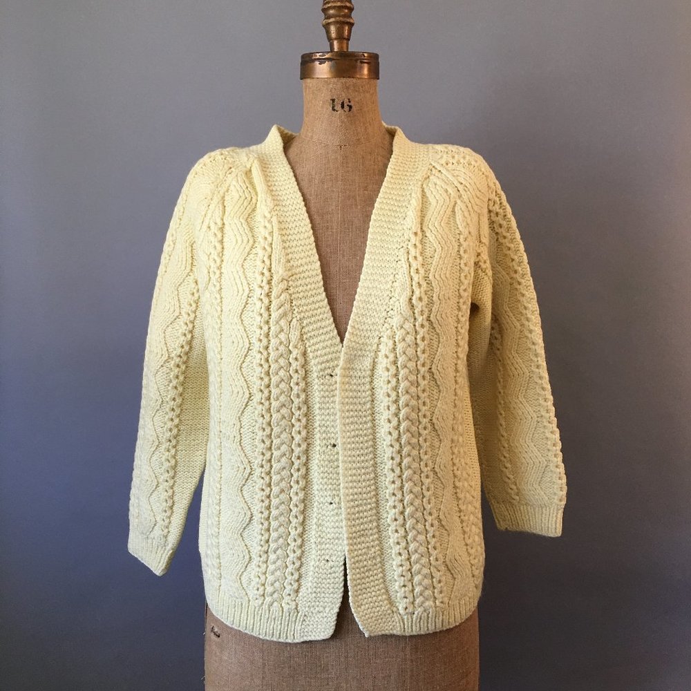 Aran Knit Cardigan, Pale Buttercup Yellow Vintage Hand Knit Sweater, Size Large